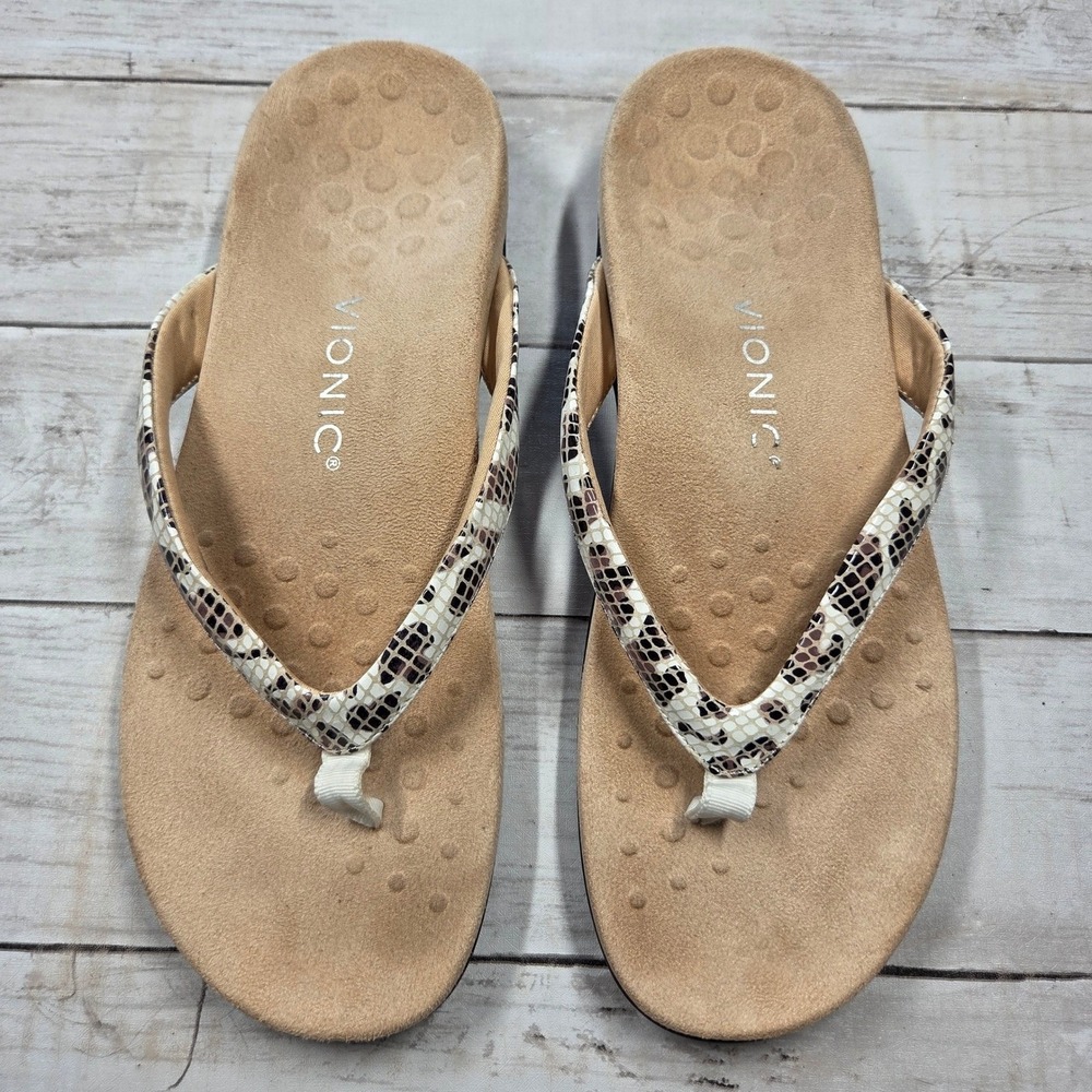 Vionic Dillon Thong Sandals Women 10 Tan Snakeskin Print Orthotic Flip Flops